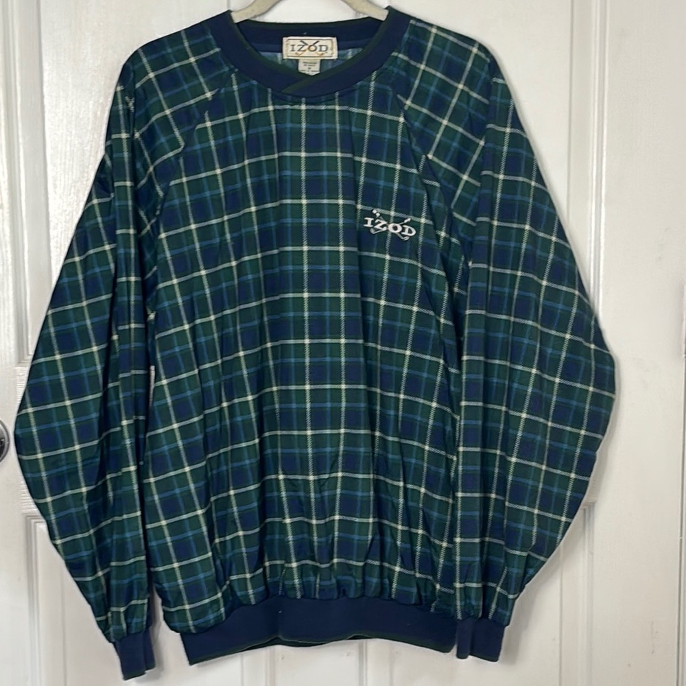 Vintage IZOD Golf Windbreaker Size Medium Green Blue Plaid Crewneck old money